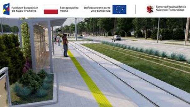 wizualizacja zmodernizowanego przystanku tramwajowego z widocznym peronem i torowiskiem tramwajowym wybudowanym w technologii zielonej