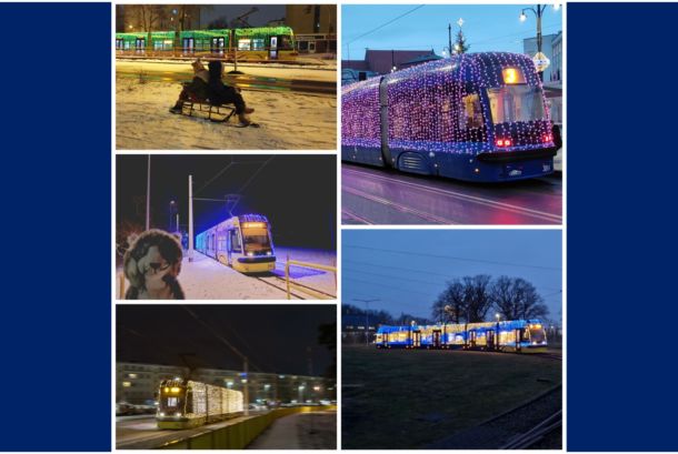 kolaż ze zdjęciami świetlistego tramwaju